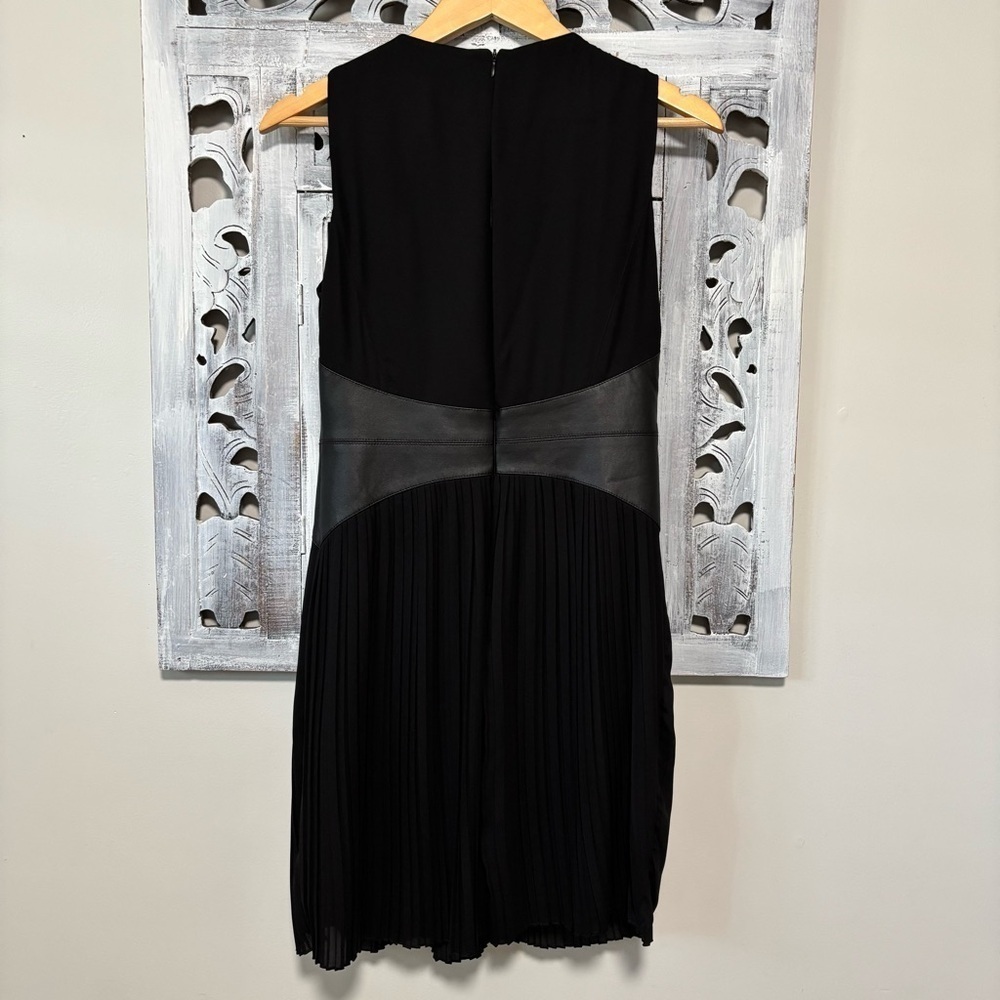 Karen Millen Black Pleated Faux Leather Waist Fit Flare High Neck Mini Dress - Picture 3 of 10